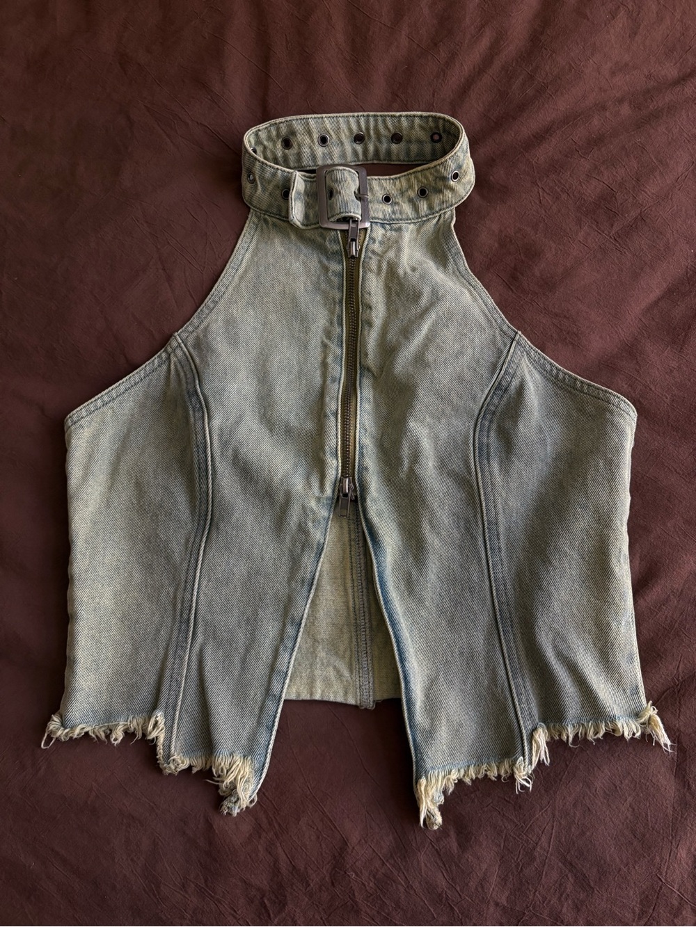 Jaded London Green Denim Buckle Neck Top in Green Wash